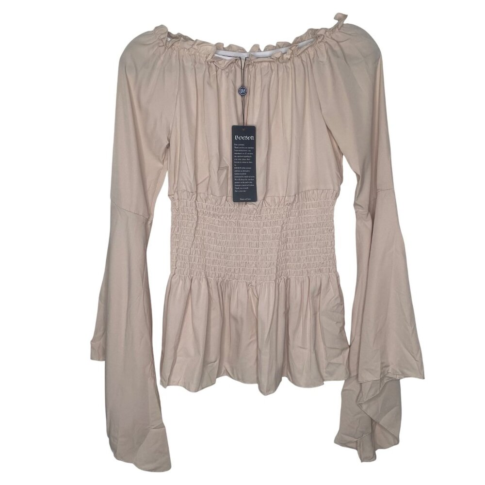 NWT Boosom Off-Shoulder Smocked Peplum Top Womens Size S Tan Flared Sleeves Boho